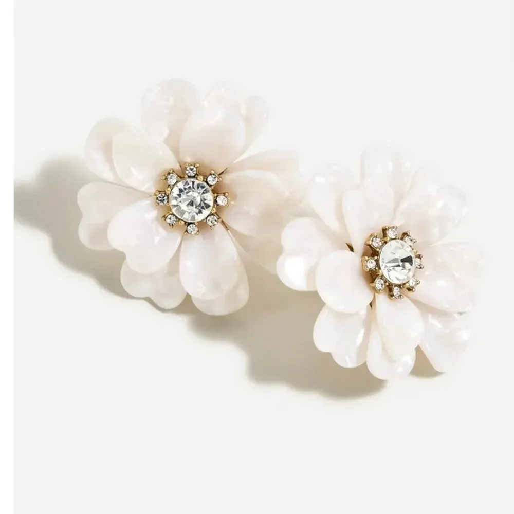 J.Crew Full Bloom Flower Earrings Oversized White Resin Statement Studs Pave NWT